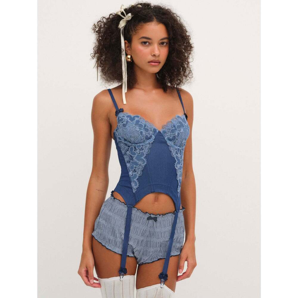 For Love & Lemons Denim Hearts Bustier S / Blue